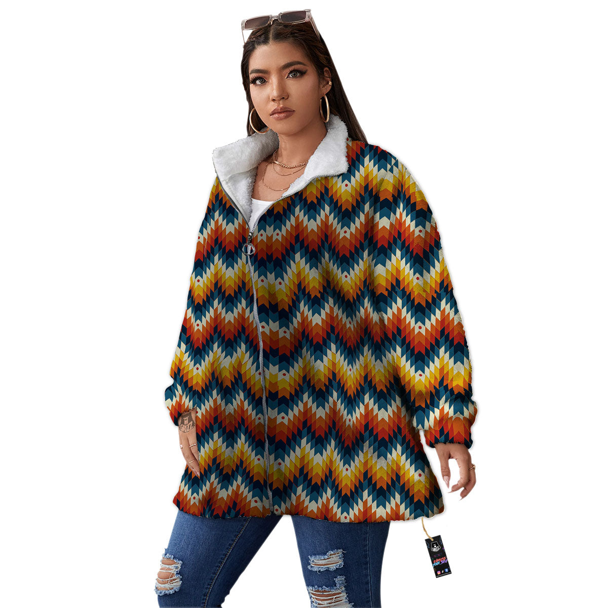 Aztec American Print Pattern Women's Sherpa Jacket-grizzshop