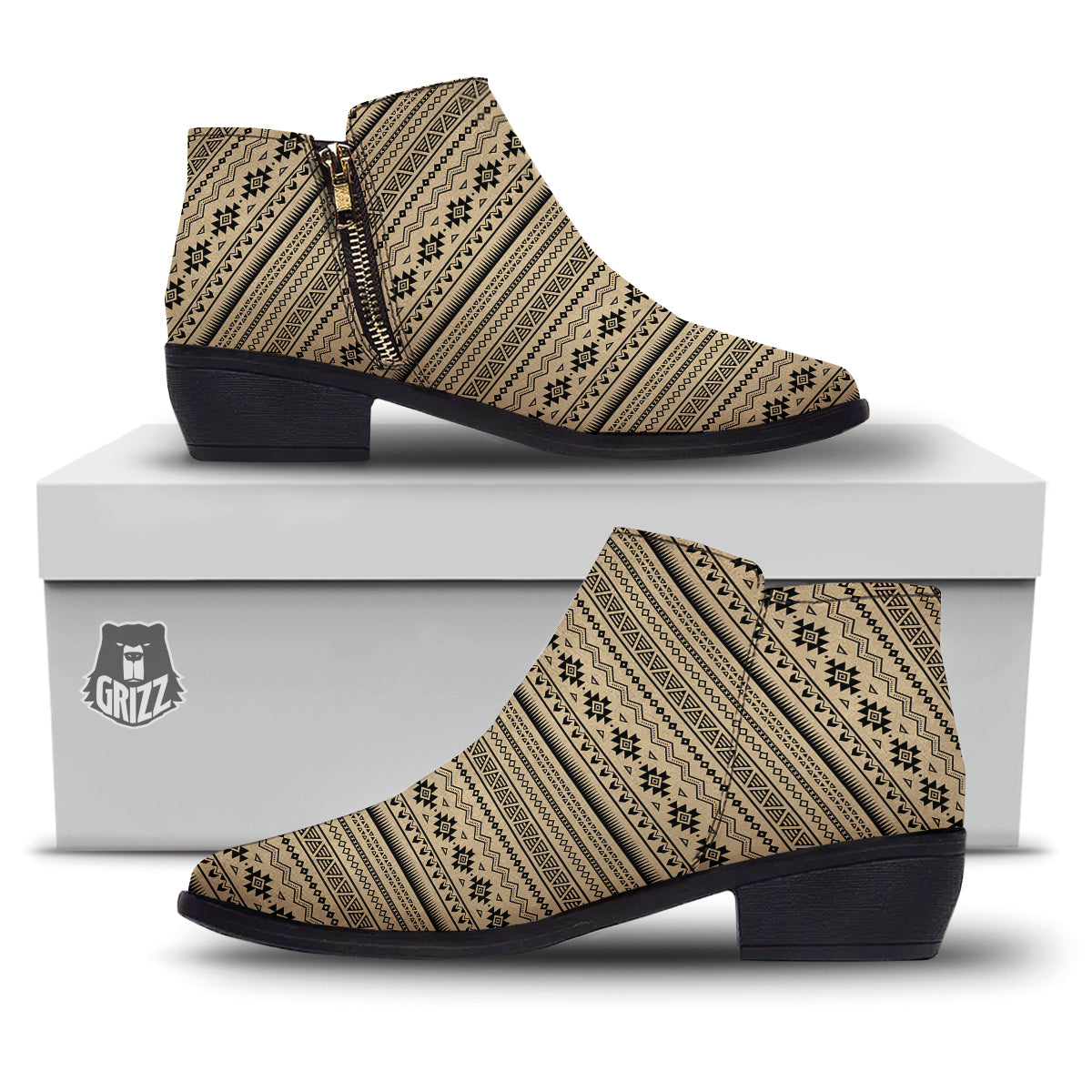 Aztec Beige And Black Print Pattern Ankle Boots-grizzshop