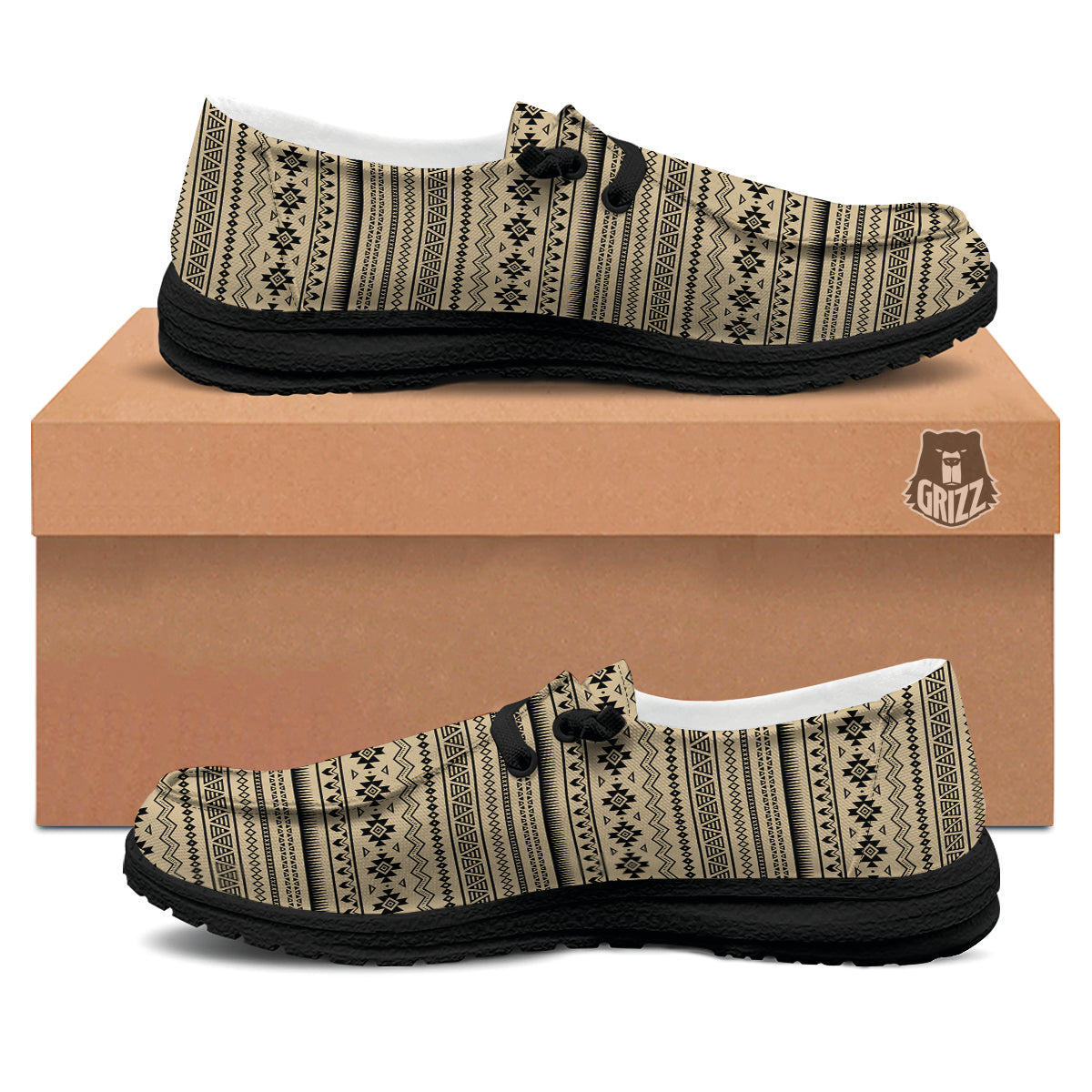 Aztec Beige And Black Print Pattern Black Loafers-grizzshop