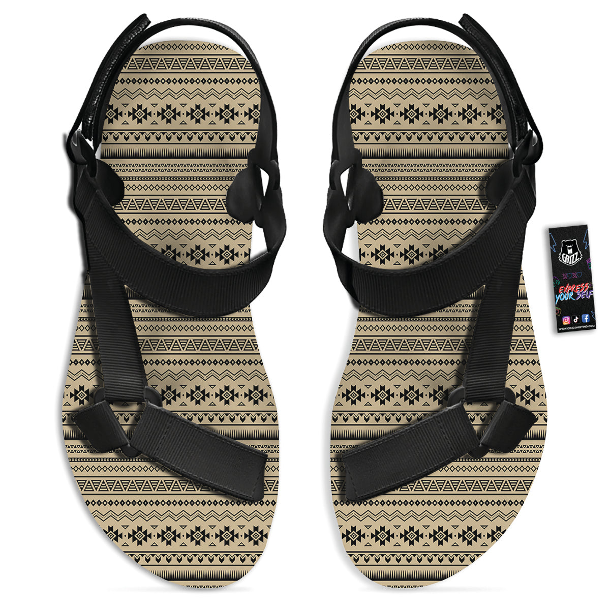 Aztec Beige And Black Print Pattern Black Open Toe Sandals-grizzshop