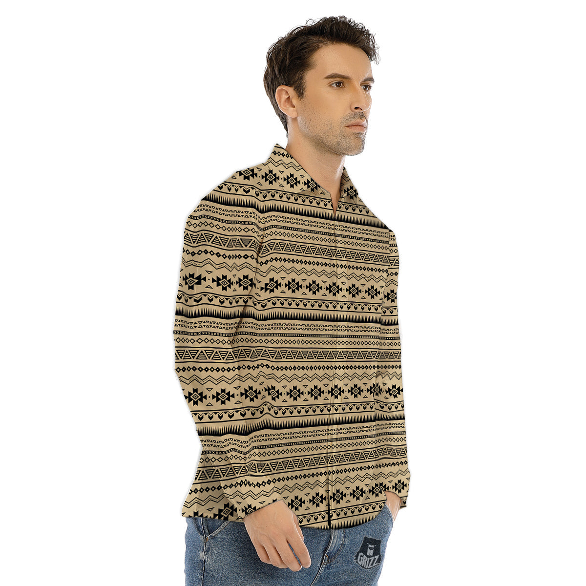 Aztec Beige And Black Print Pattern Men's Dress Shirts-grizzshop