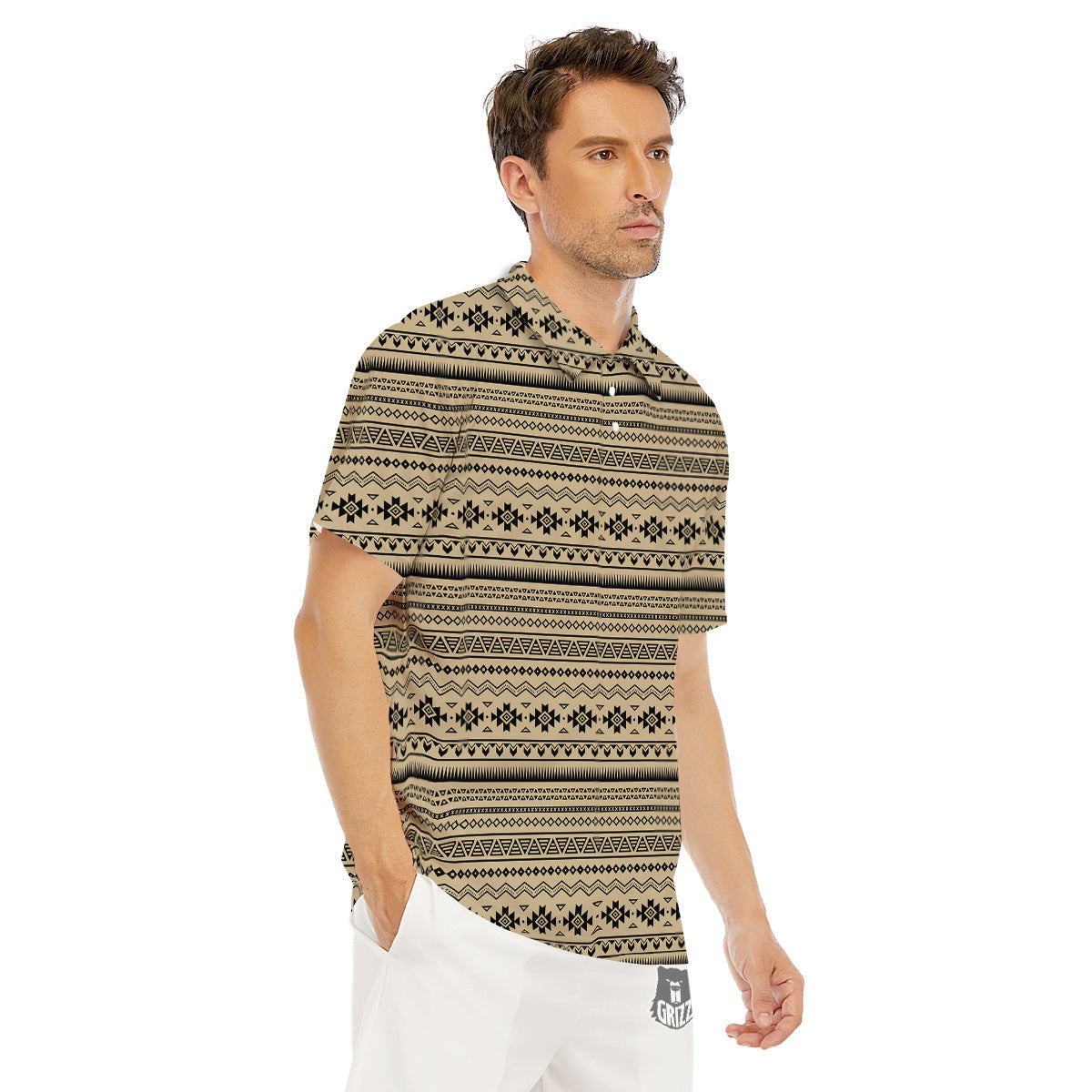 Aztec Beige And Black Print Pattern Men's Golf Shirts-grizzshop