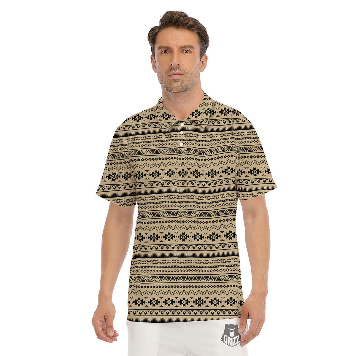 Aztec Beige And Black Print Pattern Men's Golf Shirts-grizzshop