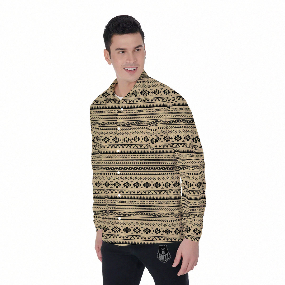 Aztec Beige And Black Print Pattern Men's Long Sleeve Shirts-grizzshop