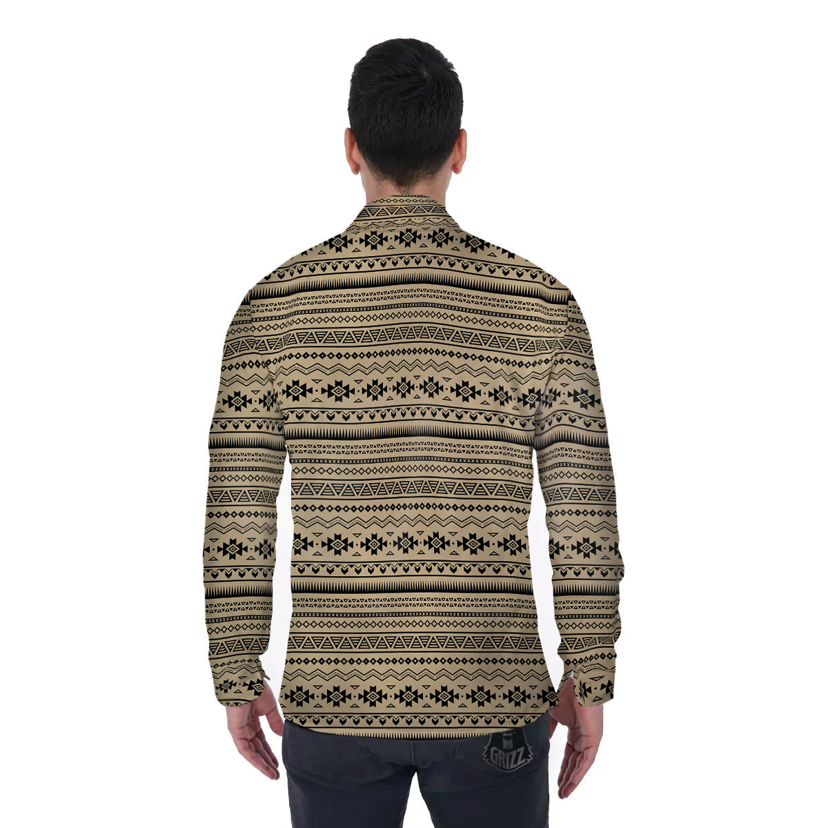 Aztec Beige And Black Print Pattern Men's Long Sleeve Shirts-grizzshop