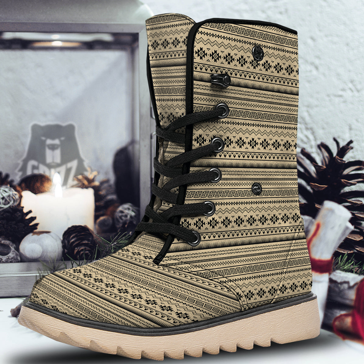 Aztec Beige And Black Print Pattern Snow Boots-grizzshop