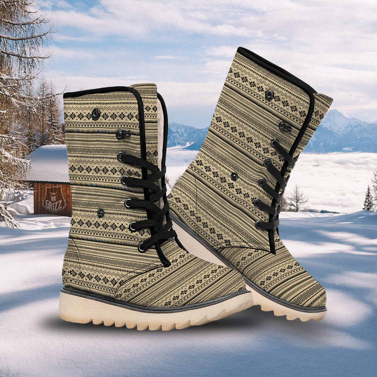 Aztec Beige And Black Print Pattern Snow Boots-grizzshop