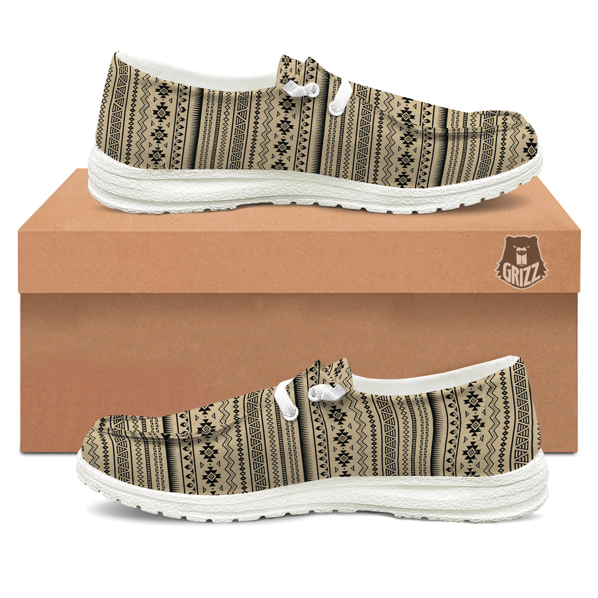 Aztec Beige And Black Print Pattern White Loafers-grizzshop