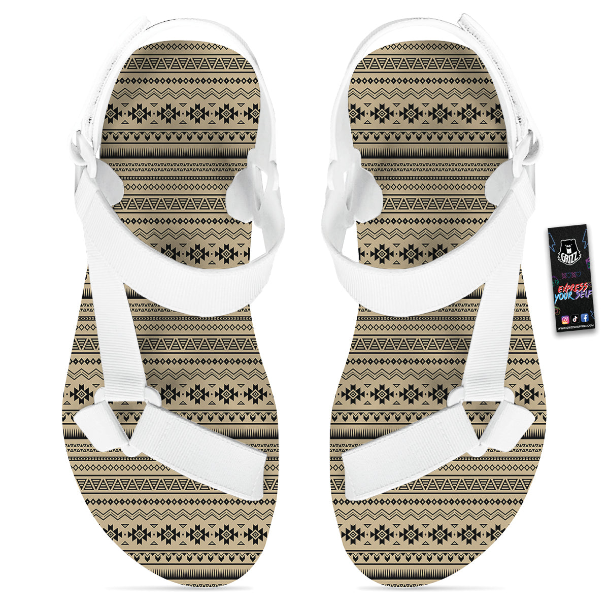 Aztec Beige And Black Print Pattern White Open Toe Sandals-grizzshop