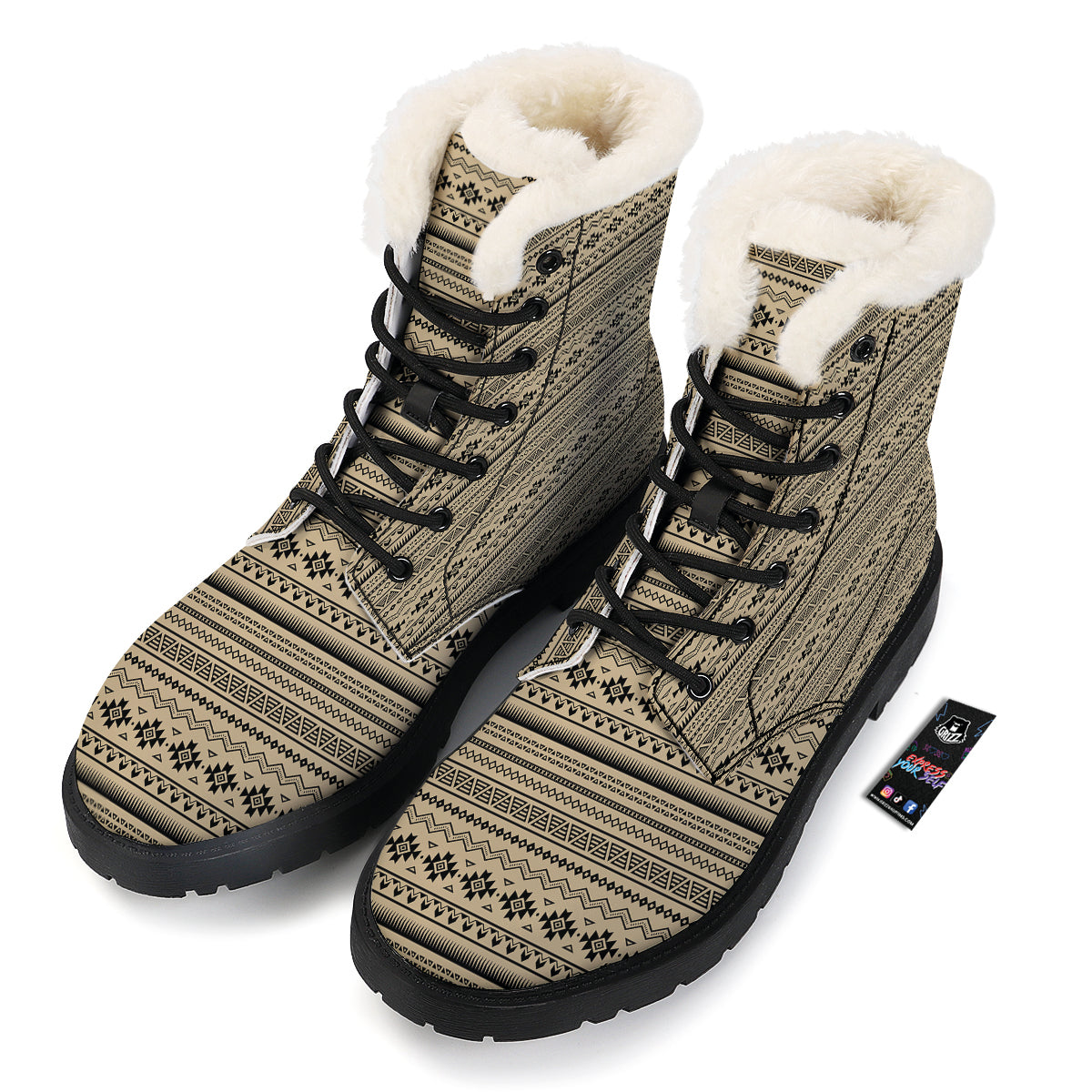 Aztec Beige And Black Print Pattern Winter Boots-grizzshop