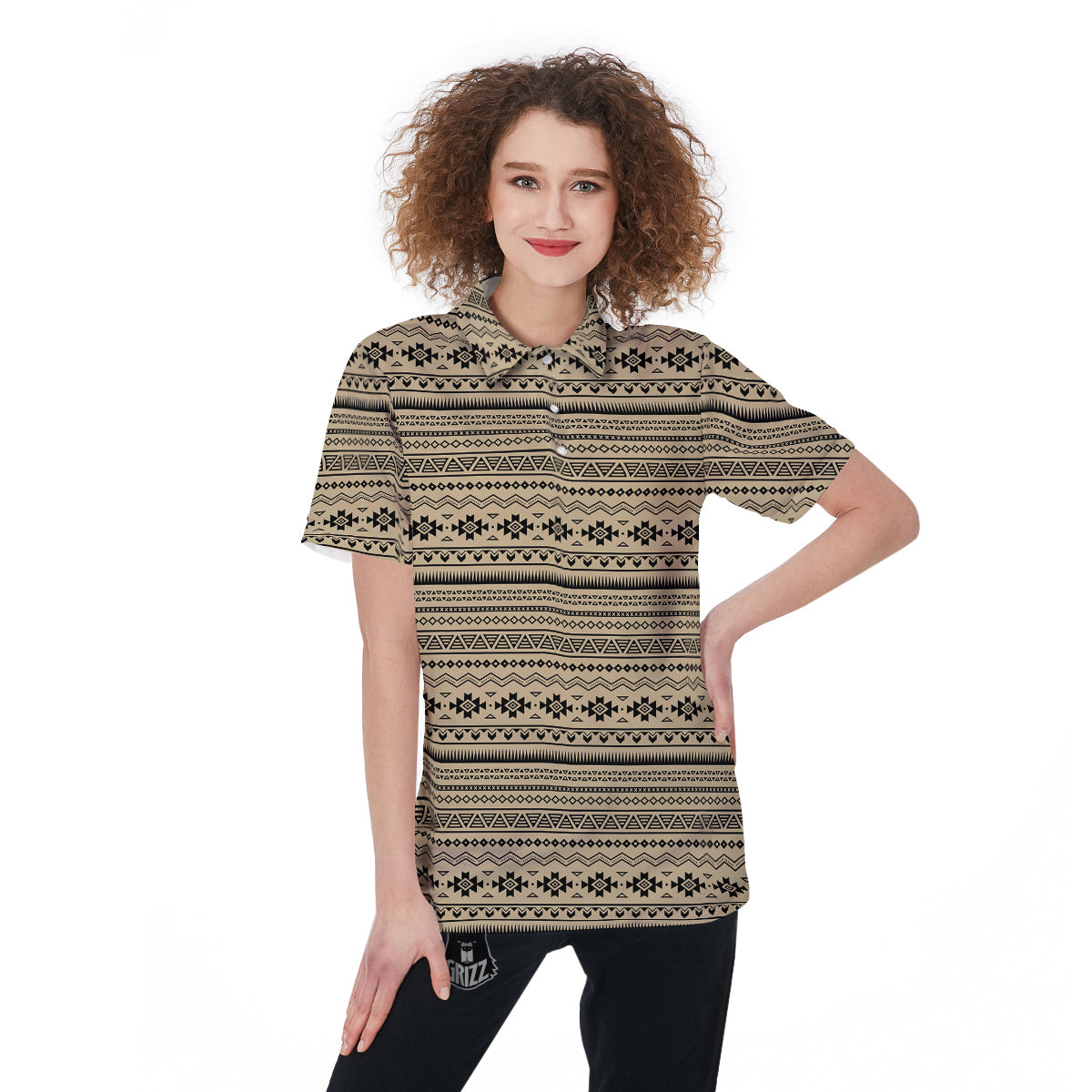 Aztec Beige And Black Print Pattern Women's Golf Shirts-grizzshop