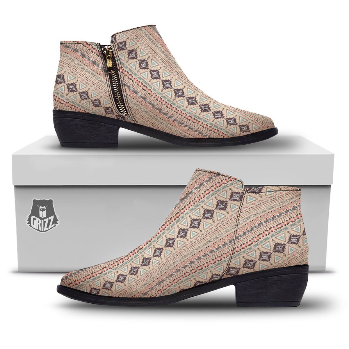 Aztec Beige Print Pattern Ankle Boots-grizzshop