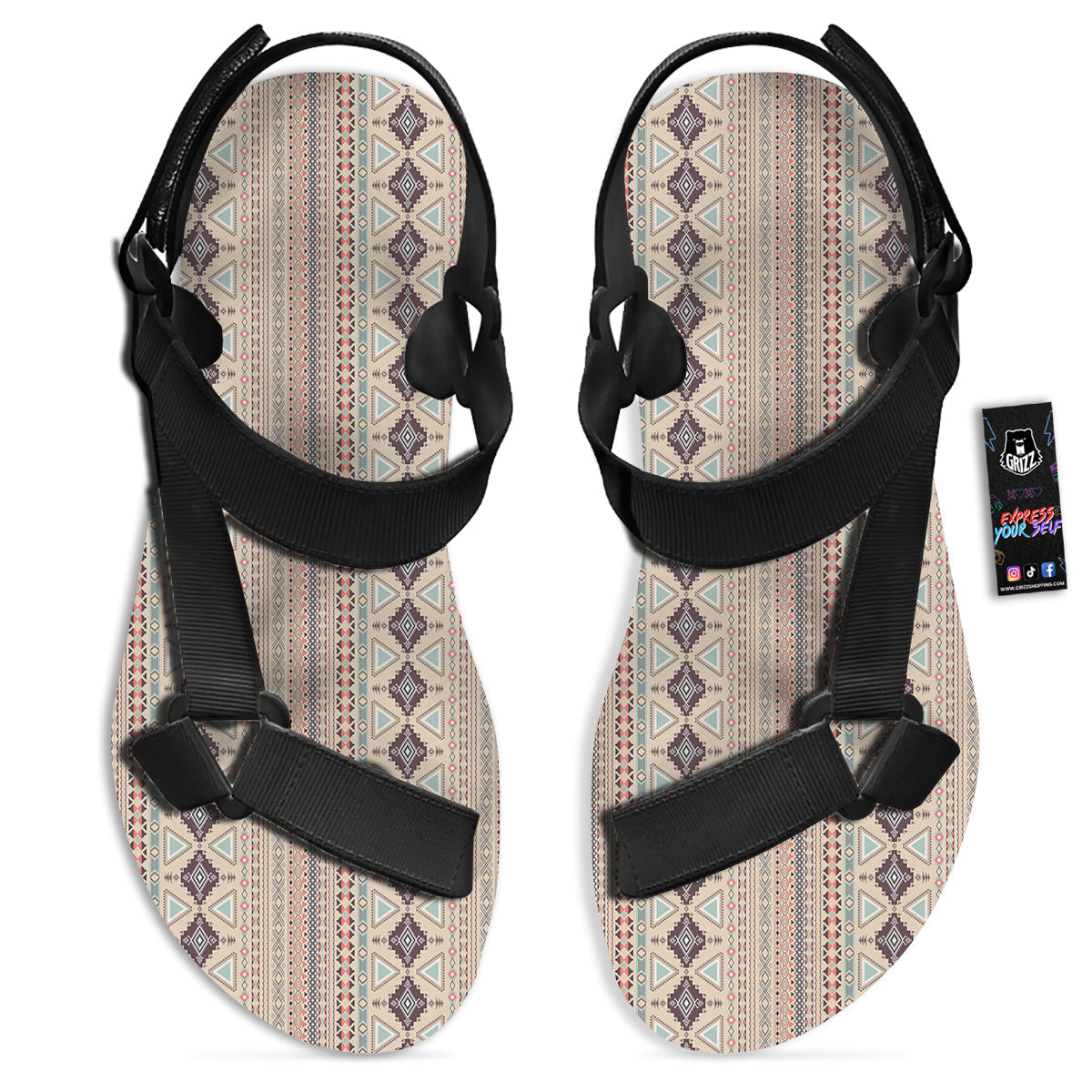 Aztec Beige Print Pattern Black Open Toe Sandals-grizzshop