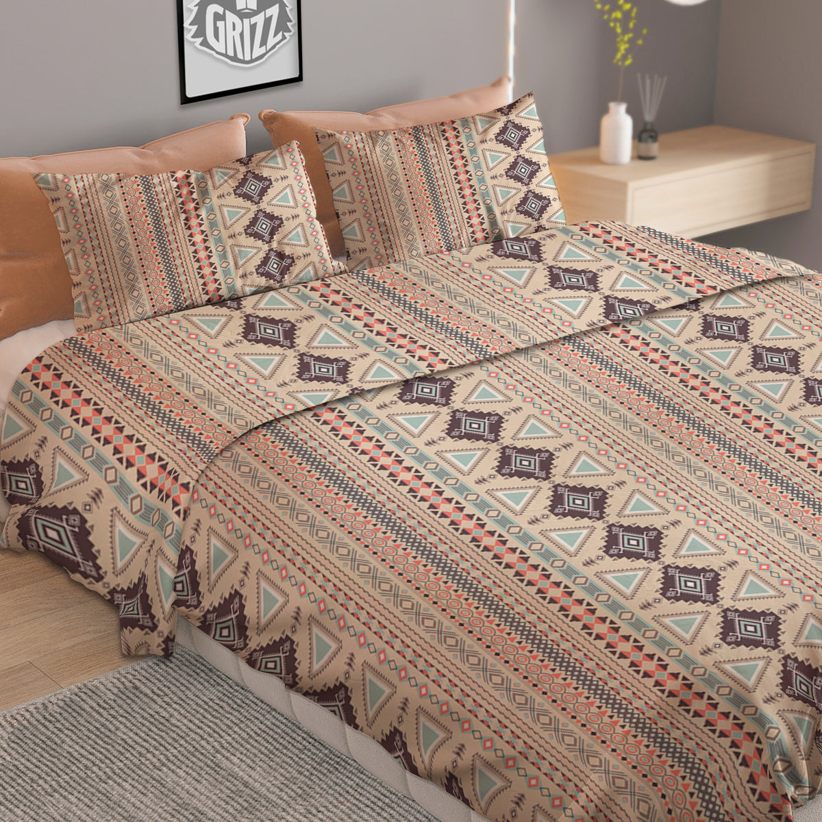 Aztec Beige Print Pattern Duvet Cover Bedding Set-grizzshop