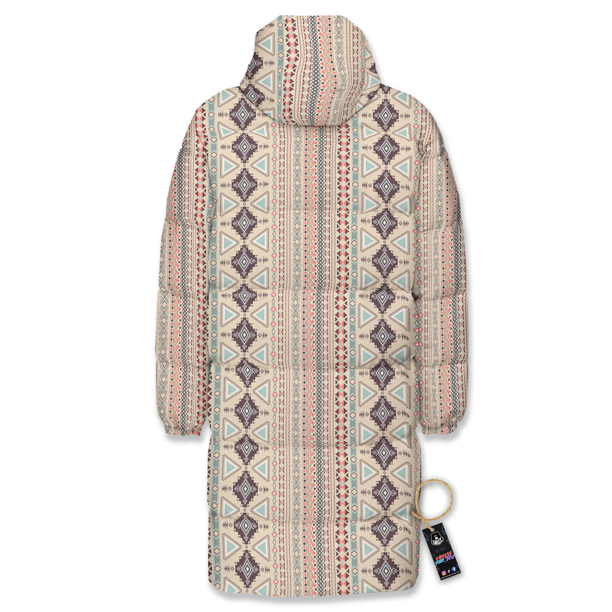 Aztec Beige Print Pattern Long Down Jacket-grizzshop