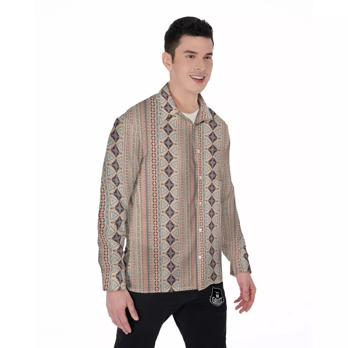 Aztec Beige Print Pattern Men's Long Sleeve Shirts-grizzshop