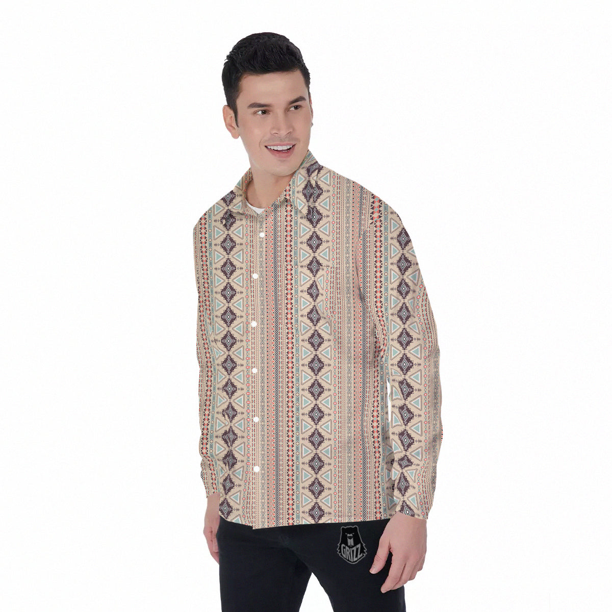 Aztec Beige Print Pattern Men's Long Sleeve Shirts-grizzshop