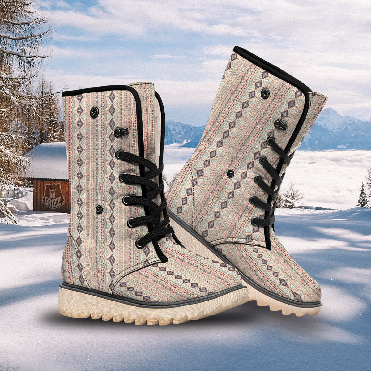 Aztec Beige Print Pattern Snow Boots-grizzshop