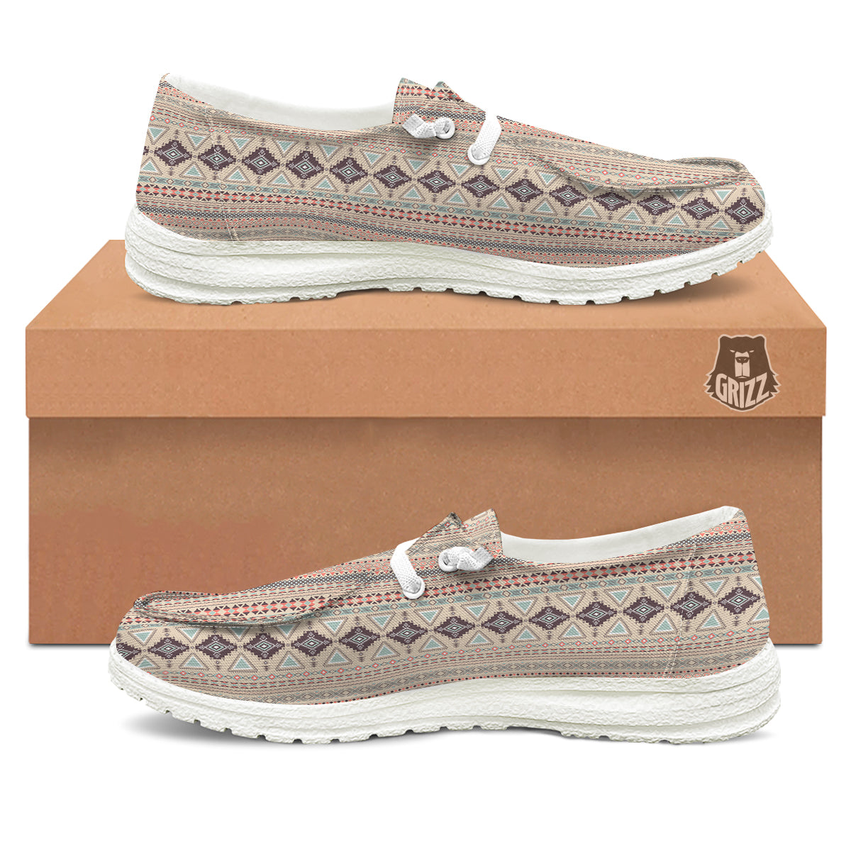 Aztec Beige Print Pattern White Loafers-grizzshop