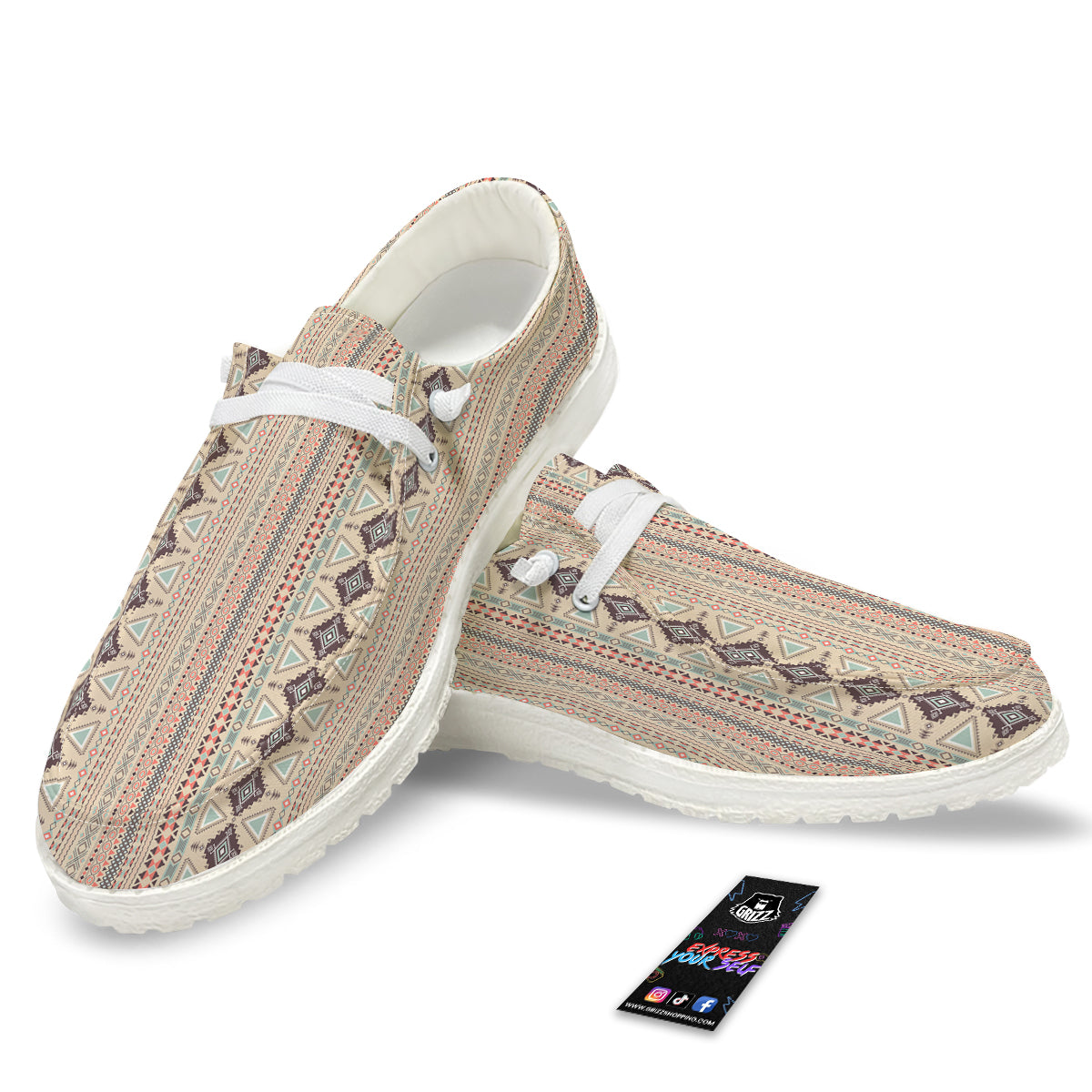 Aztec Beige Print Pattern White Loafers-grizzshop