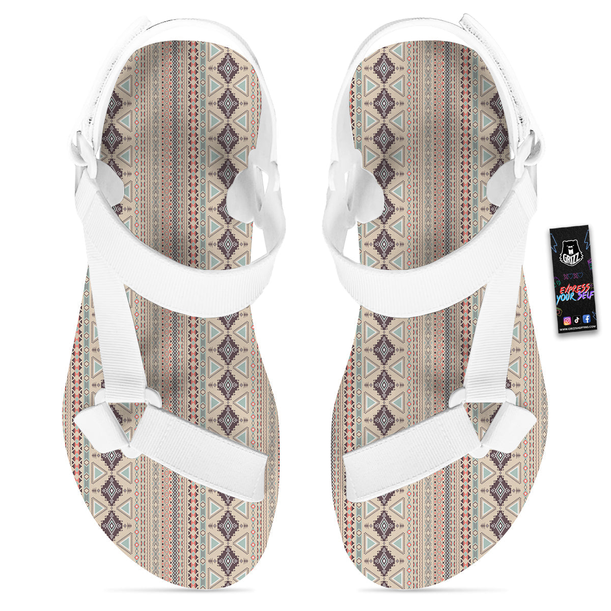Aztec Beige Print Pattern White Open Toe Sandals-grizzshop