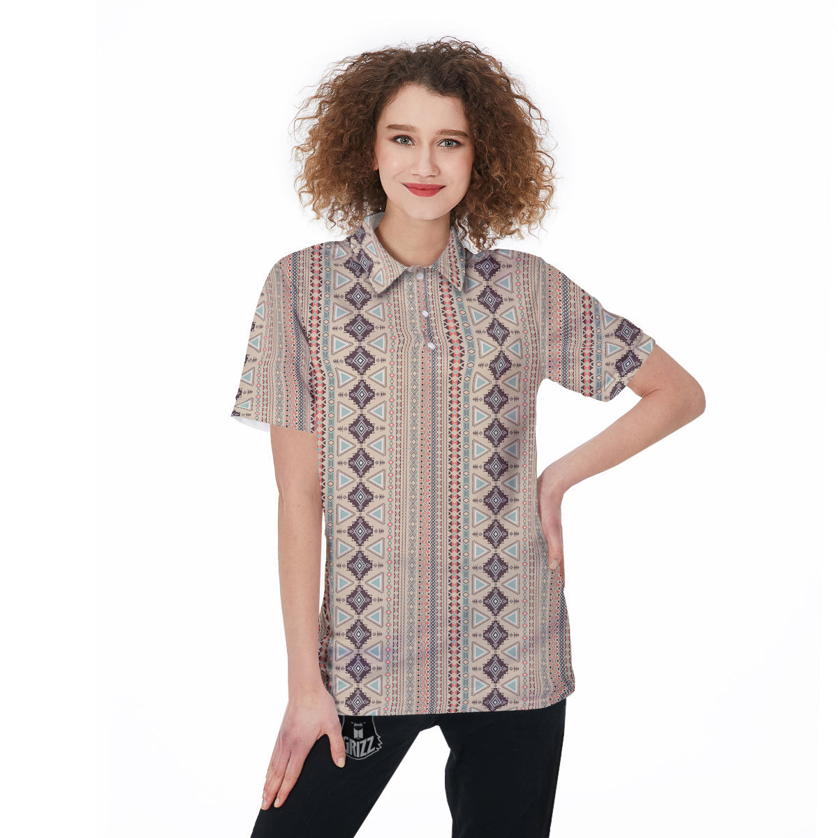 Aztec Beige Print Pattern Women's Golf Shirts-grizzshop