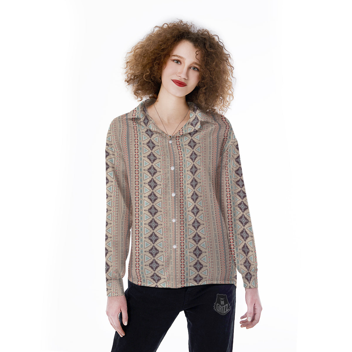 Aztec Beige Print Pattern Women's Long Sleeve Shirts-grizzshop