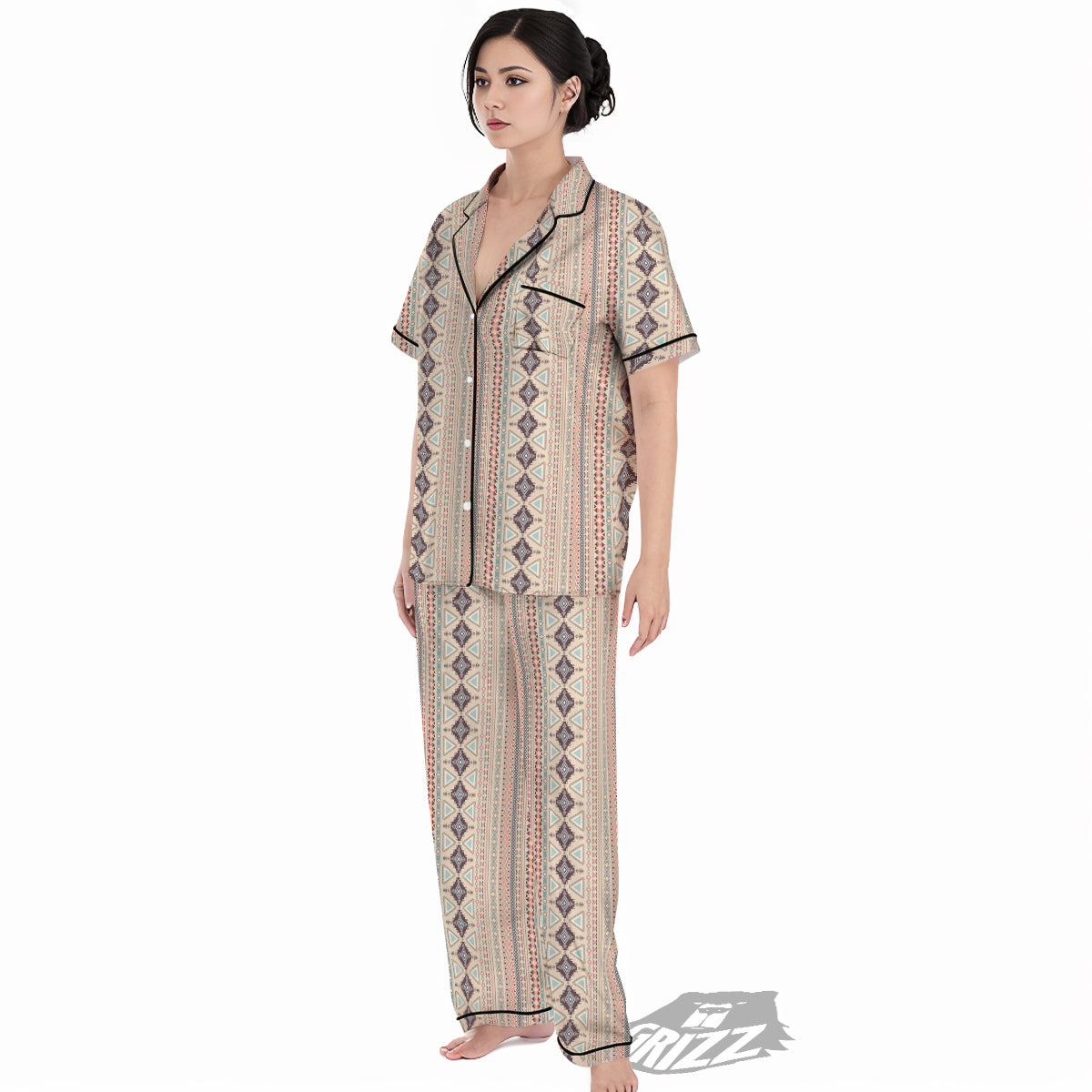 Aztec Beige Print Pattern Women's Pajamas Set-grizzshop