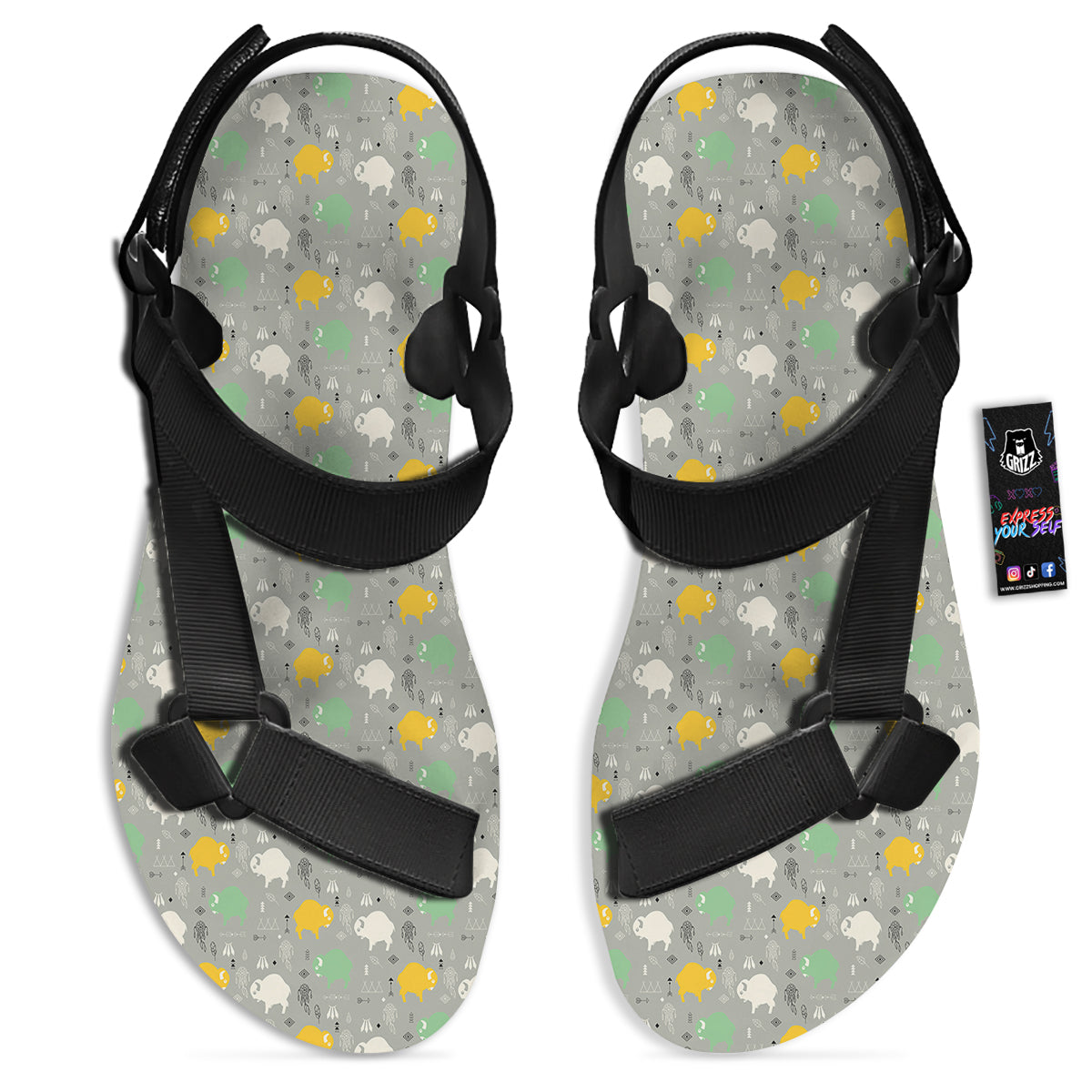 Aztec Bison Print Pattern Black Open Toe Sandals-grizzshop