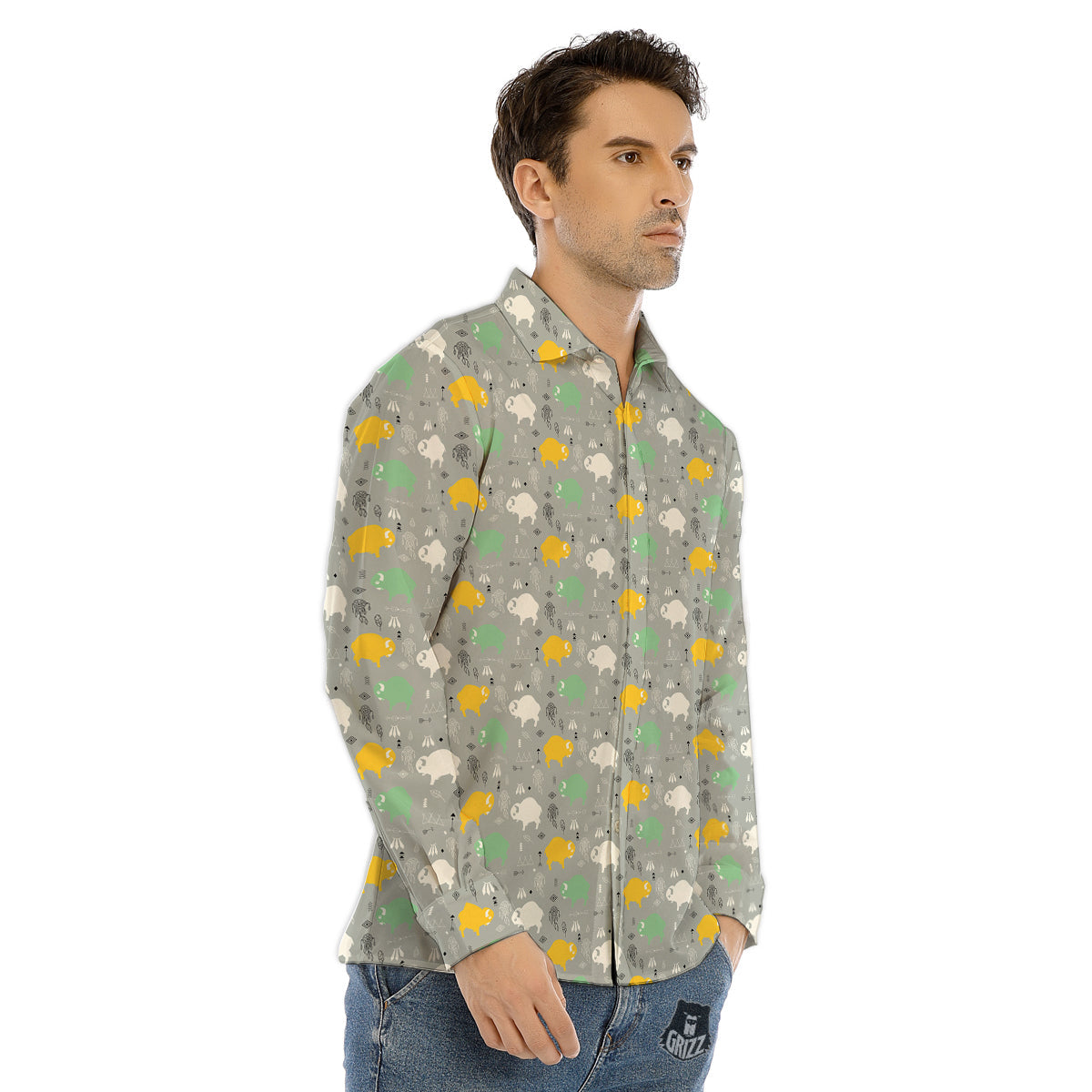 Aztec Bison Print Pattern Men's Dress Shirts-grizzshop