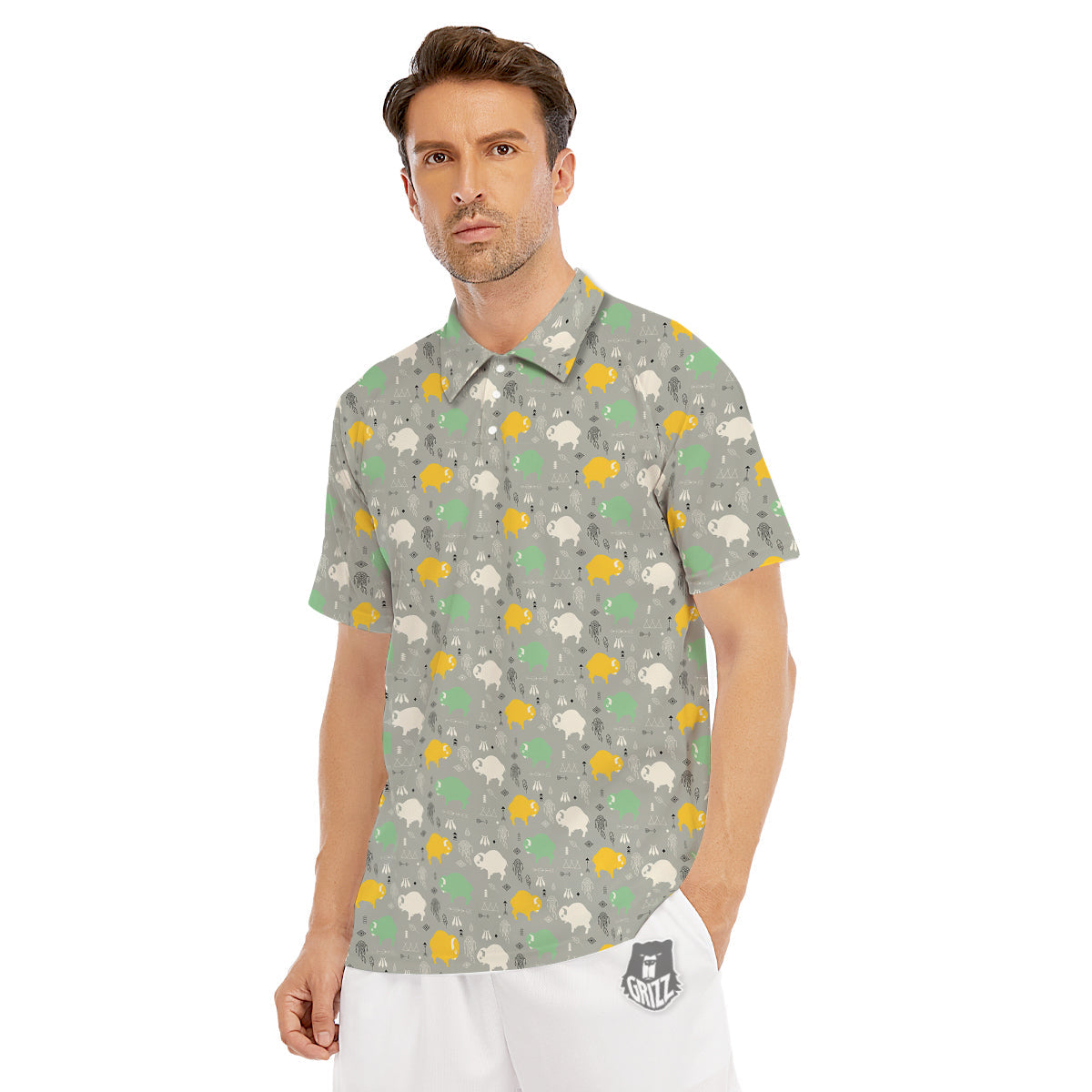 Aztec Bison Print Pattern Men's Golf Shirts-grizzshop