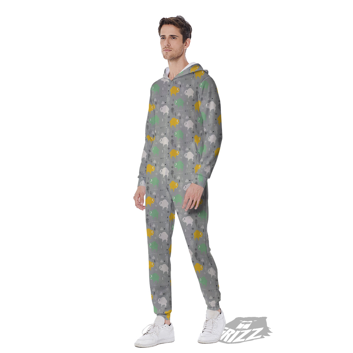 Aztec Bison Print Pattern Men's Jumpsuit-grizzshop