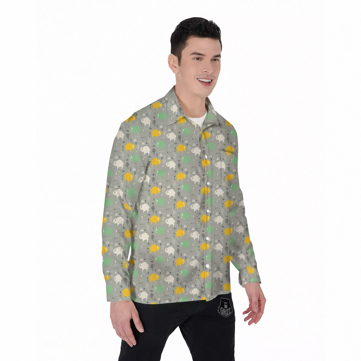 Aztec Bison Print Pattern Men's Long Sleeve Shirts-grizzshop