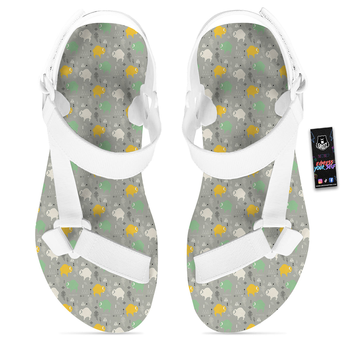 Aztec Bison Print Pattern White Open Toe Sandals-grizzshop