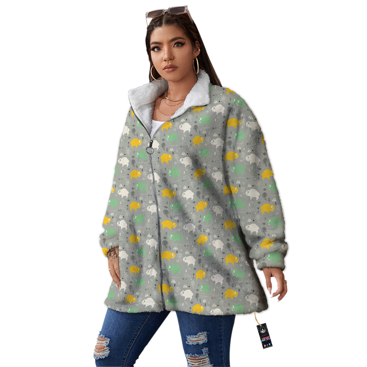 Aztec Bison Print Pattern Women's Sherpa Jacket-grizzshop