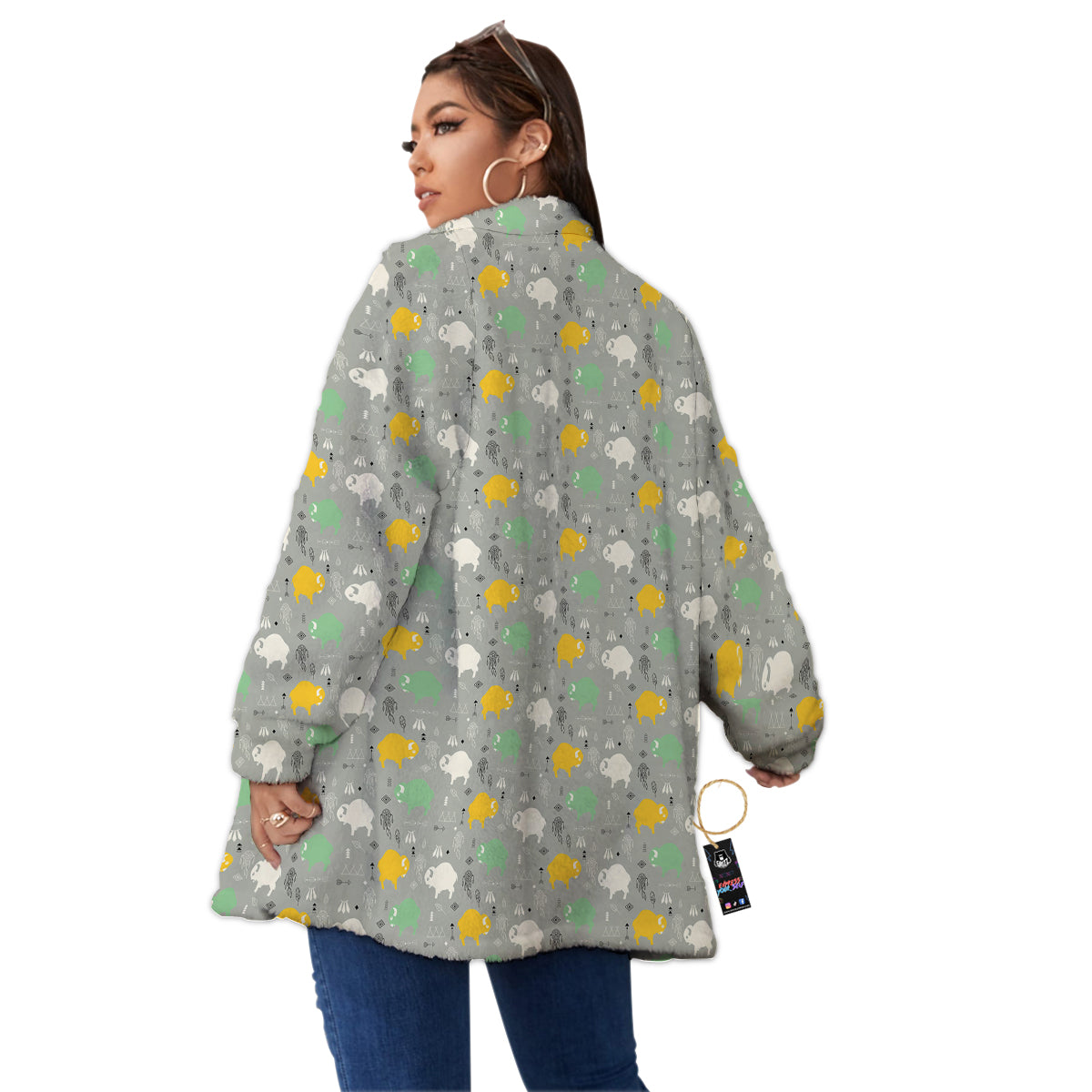 Aztec Bison Print Pattern Women's Sherpa Jacket-grizzshop