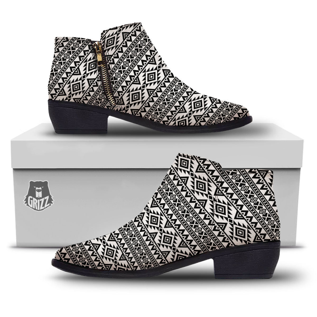 Aztec Black Ethnic Print Pattern Ankle Boots-grizzshop