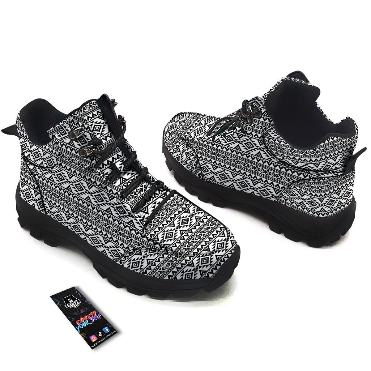 Aztec Black Ethnic Print Pattern Hiking Shoes-grizzshop