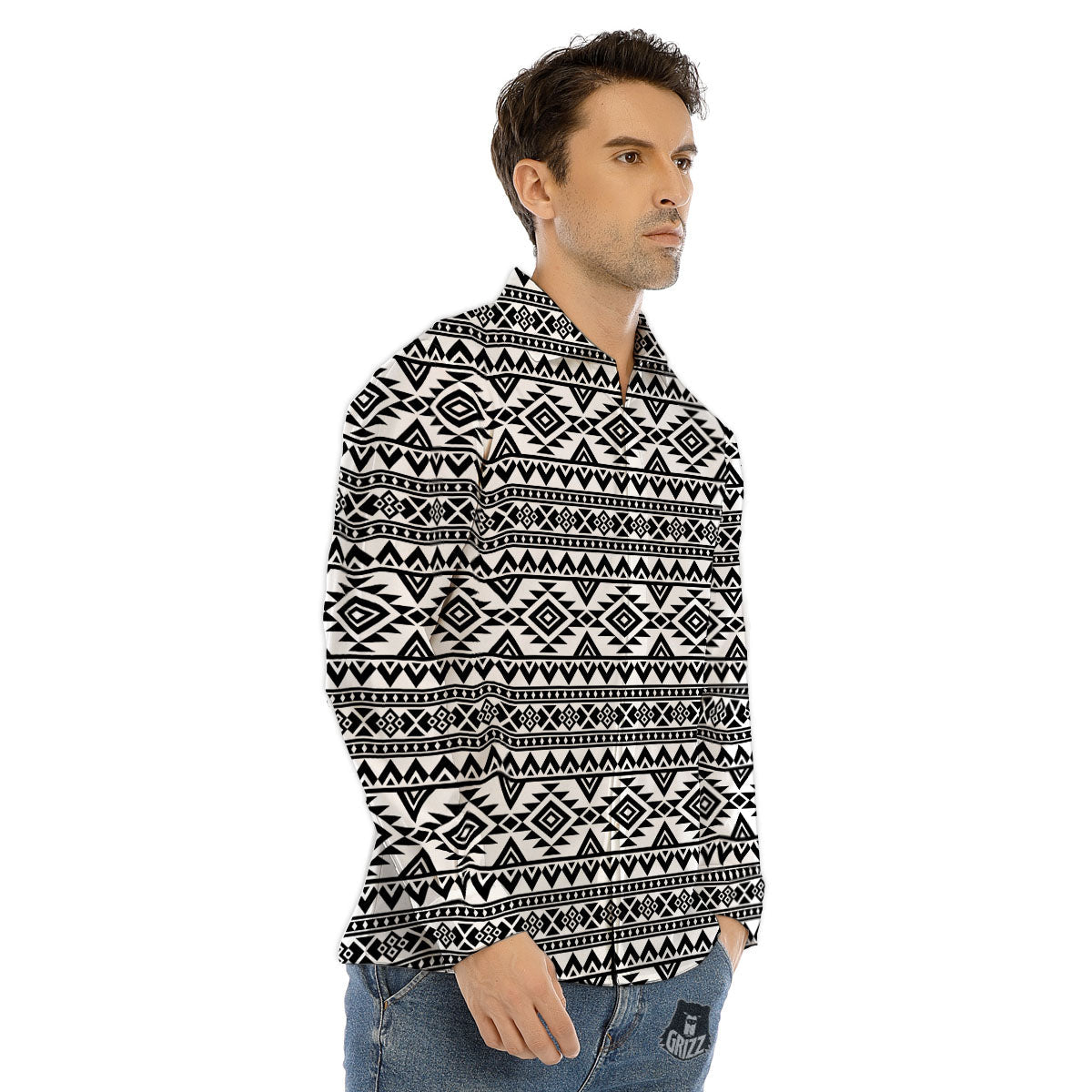 Aztec Black Ethnic Print Pattern Men's Dress Shirts-grizzshop