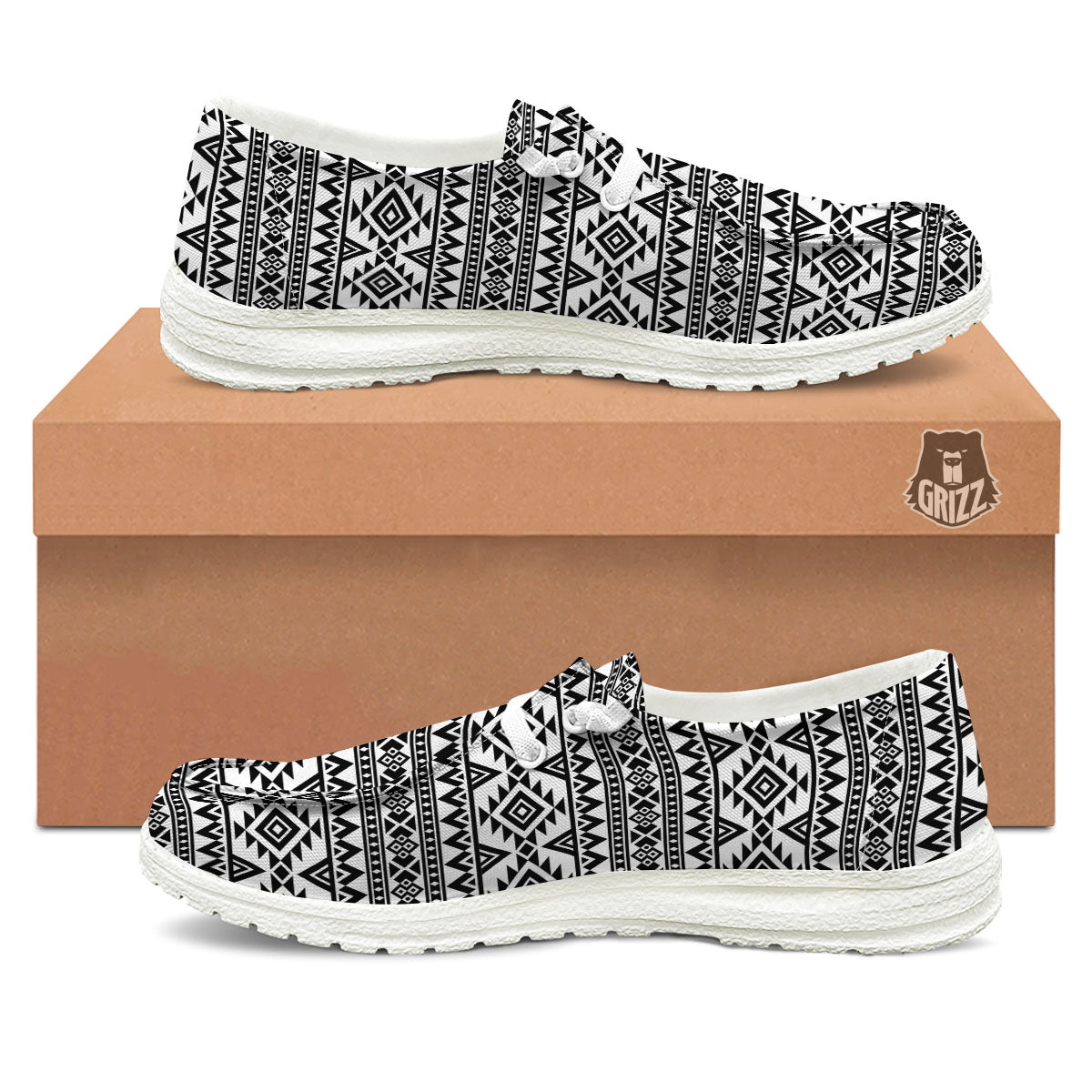 Aztec Black Ethnic Print Pattern White Loafers-grizzshop