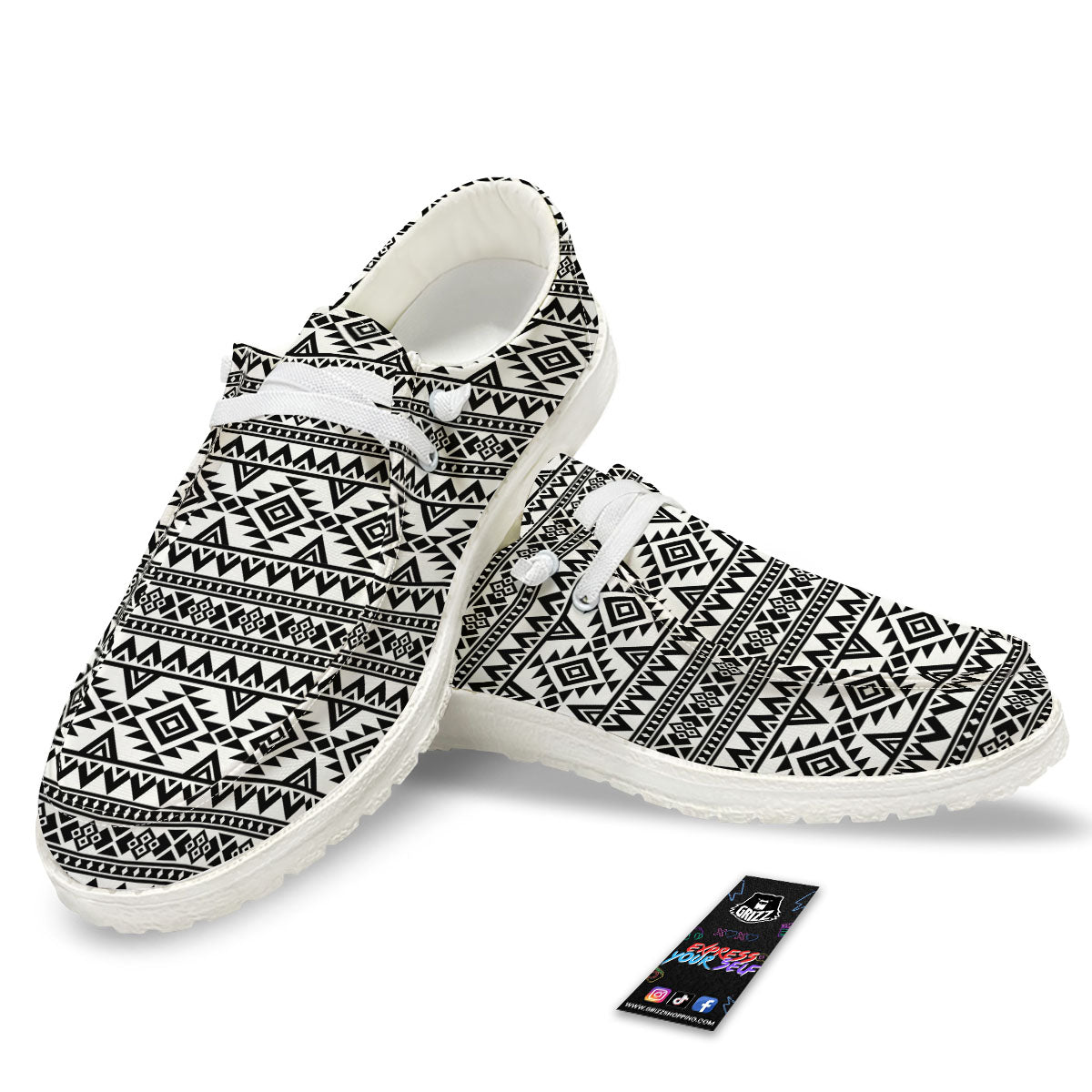 Aztec Black Ethnic Print Pattern White Loafers-grizzshop