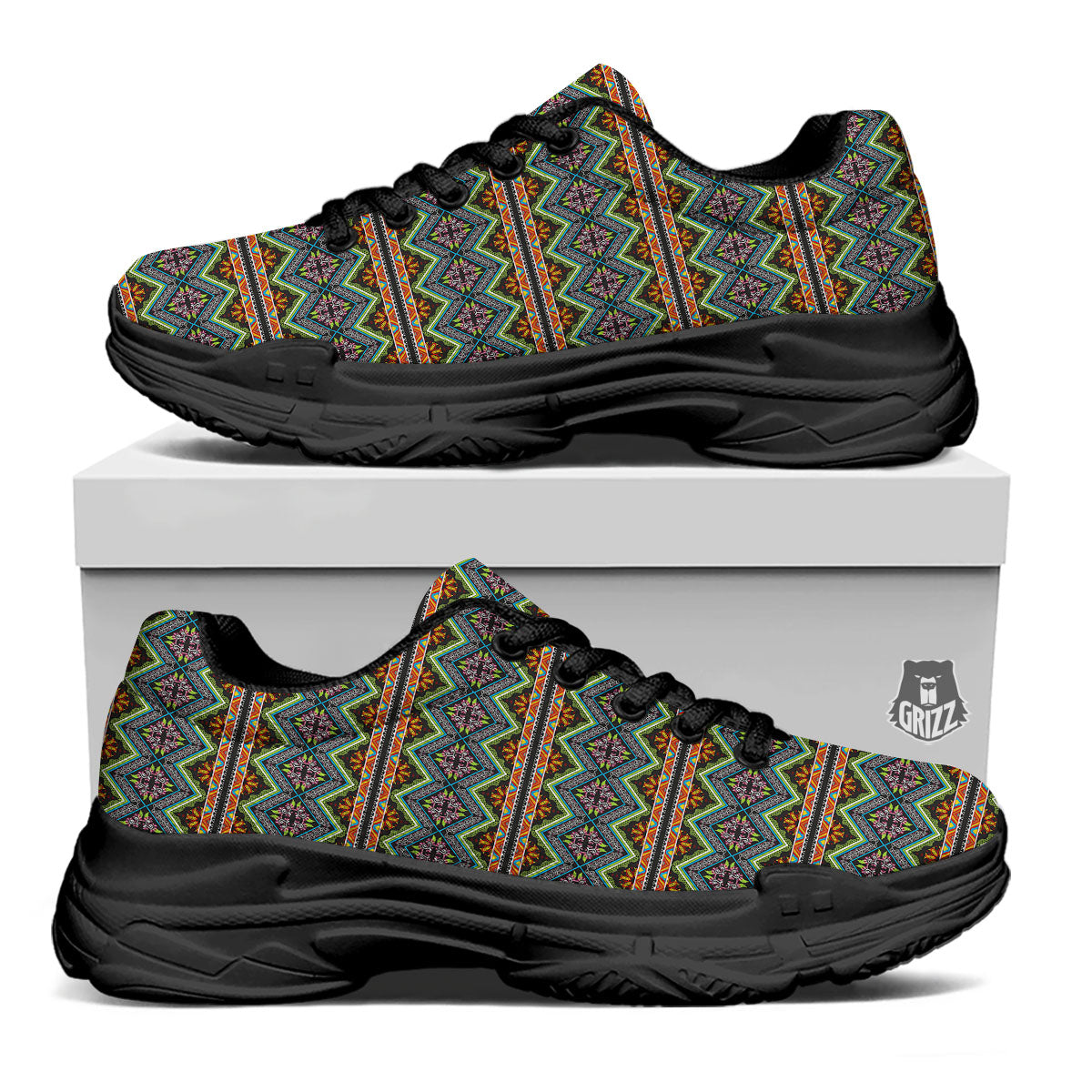 Aztec Boho Tribal Print Pattern Black Chunky Shoes-grizzshop