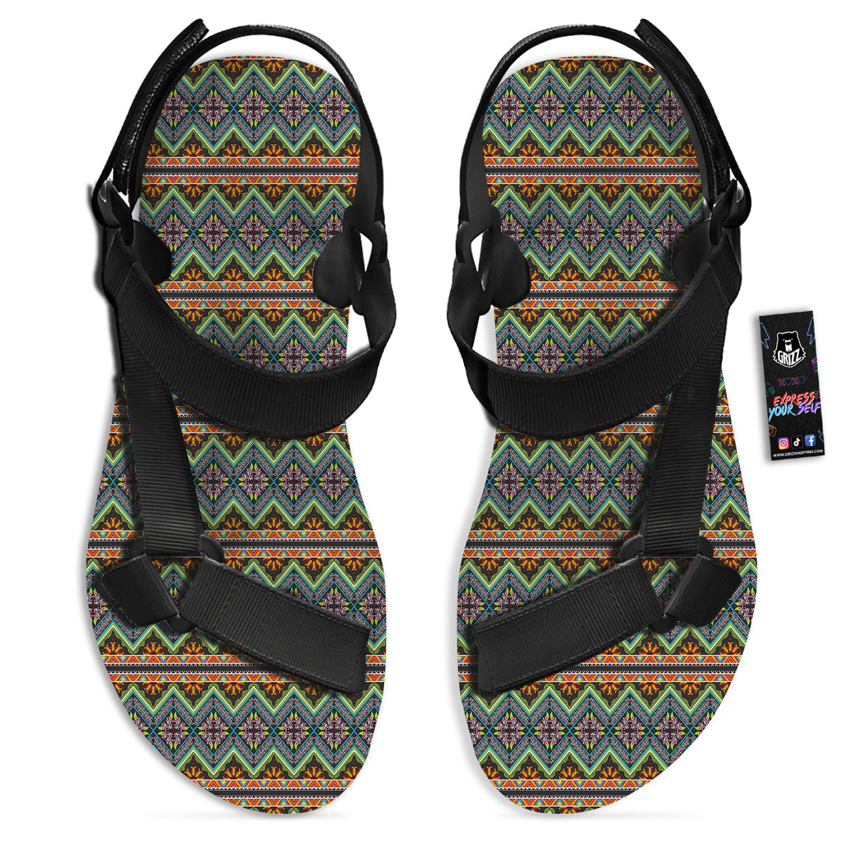 Aztec Boho Tribal Print Pattern Black Open Toe Sandals-grizzshop