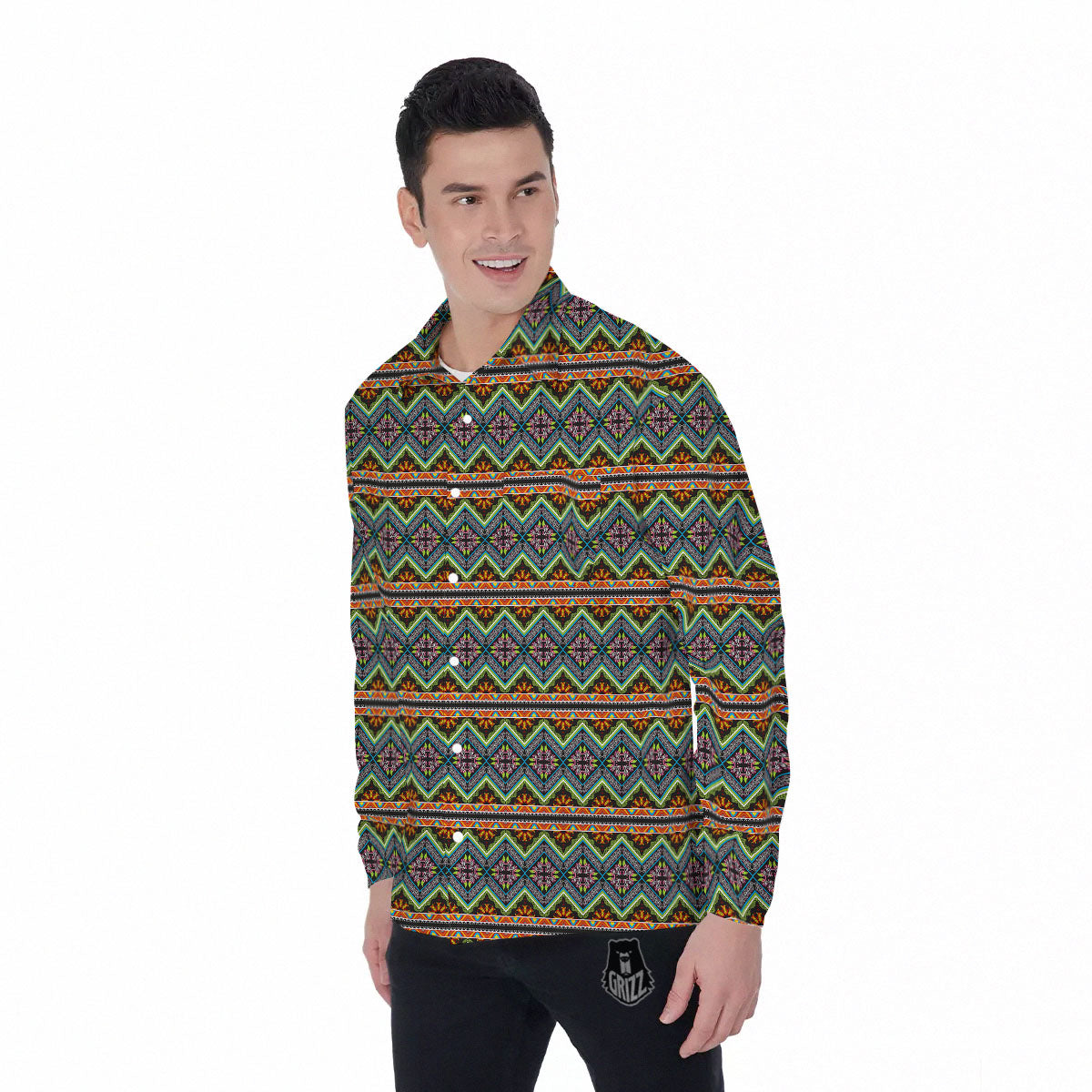Aztec Boho Tribal Print Pattern Men's Long Sleeve Shirts-grizzshop