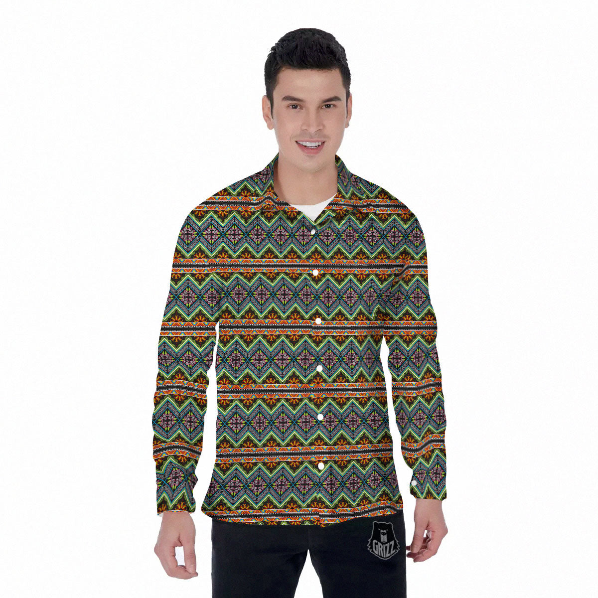 Aztec Boho Tribal Print Pattern Men's Long Sleeve Shirts-grizzshop