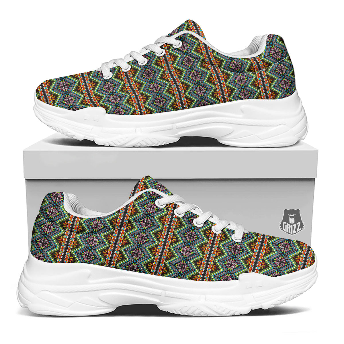 Aztec Boho Tribal Print Pattern White Chunky Shoes-grizzshop