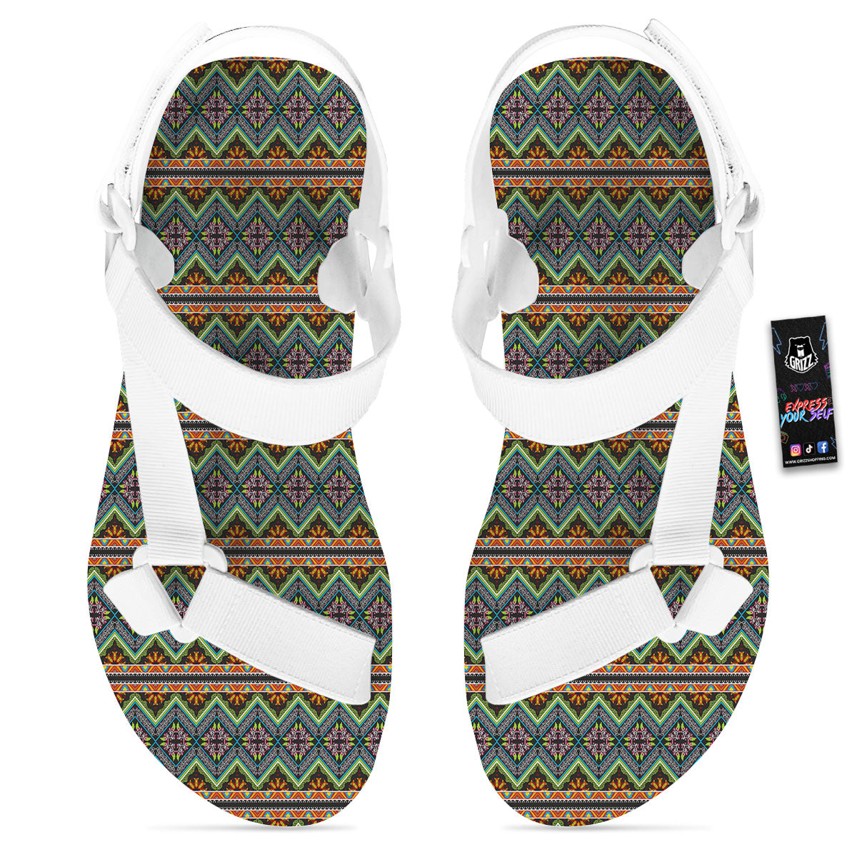 Aztec Boho Tribal Print Pattern White Open Toe Sandals-grizzshop