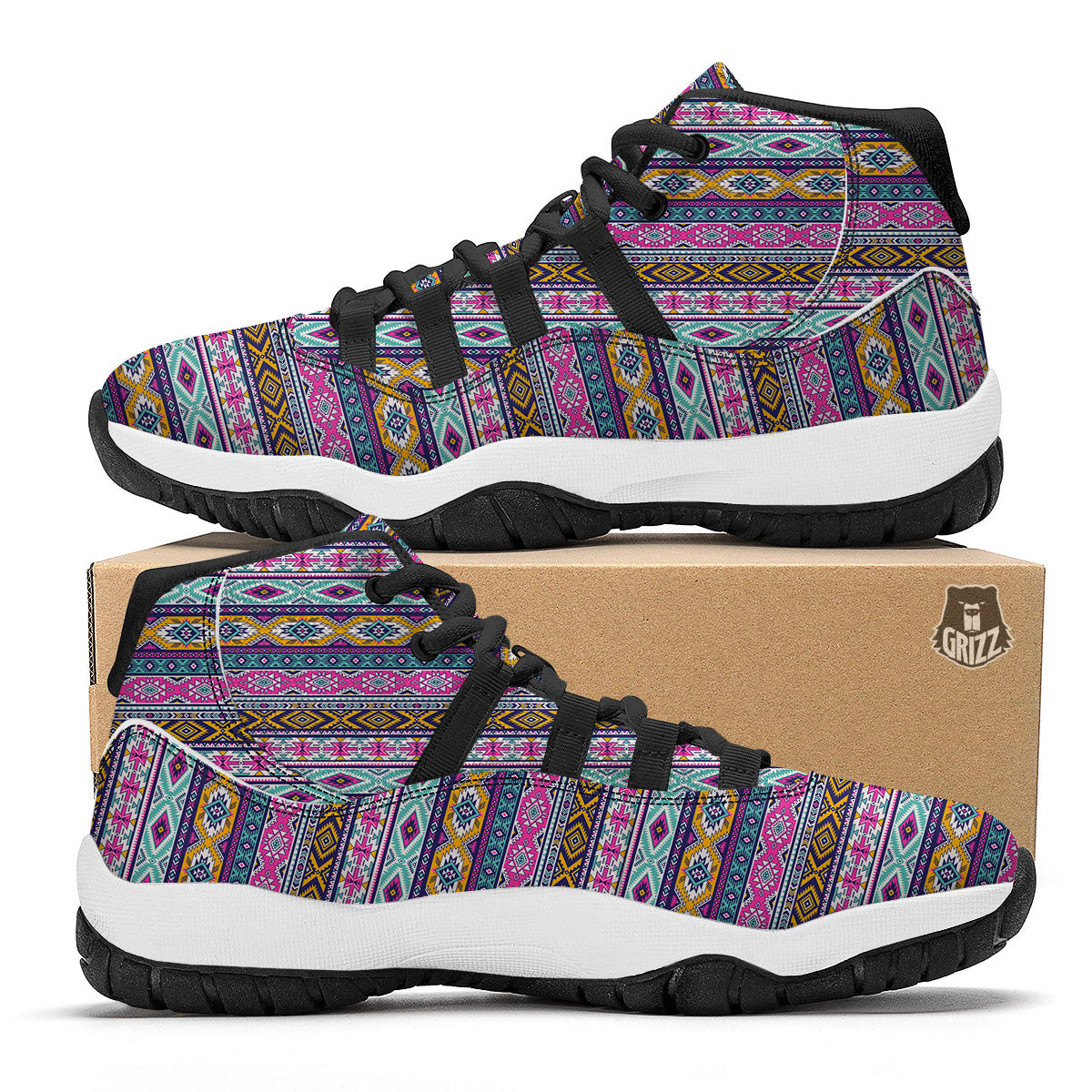 Aztec Bright Colors Print Pattern Black Bball Shoes-grizzshop