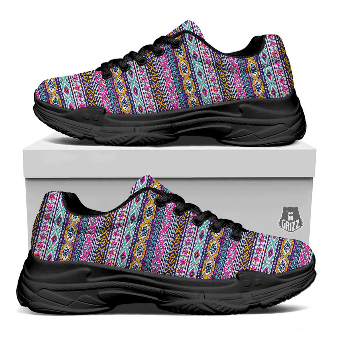 Aztec Bright Colors Print Pattern Black Chunky Shoes-grizzshop
