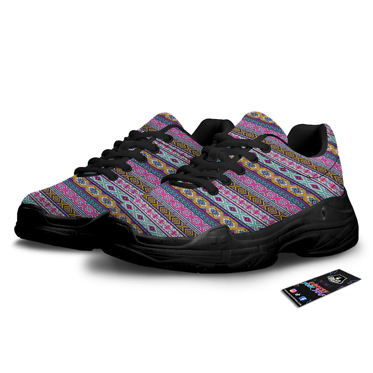 Aztec Bright Colors Print Pattern Black Chunky Shoes-grizzshop